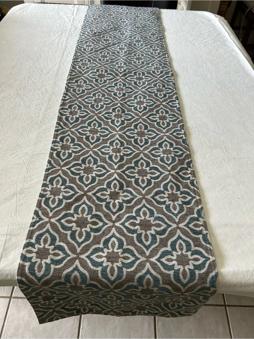 Table Runner. Teal and Gray Geometric Medallion. Lined. 13-1/2” x 70”. VGUC.